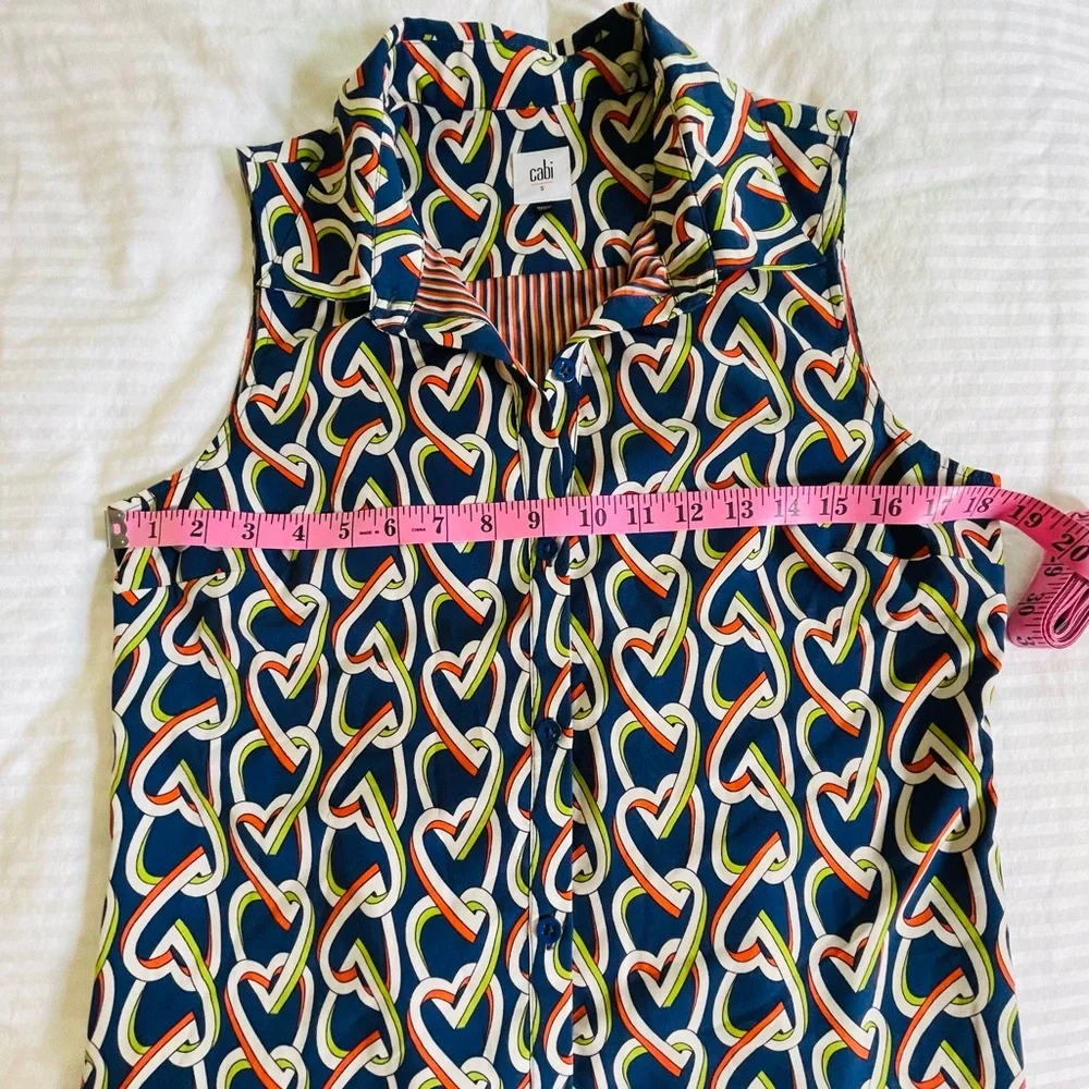 Cabi Amour Dress Size S Heart Chain Print Navy Blue White Collared Casual